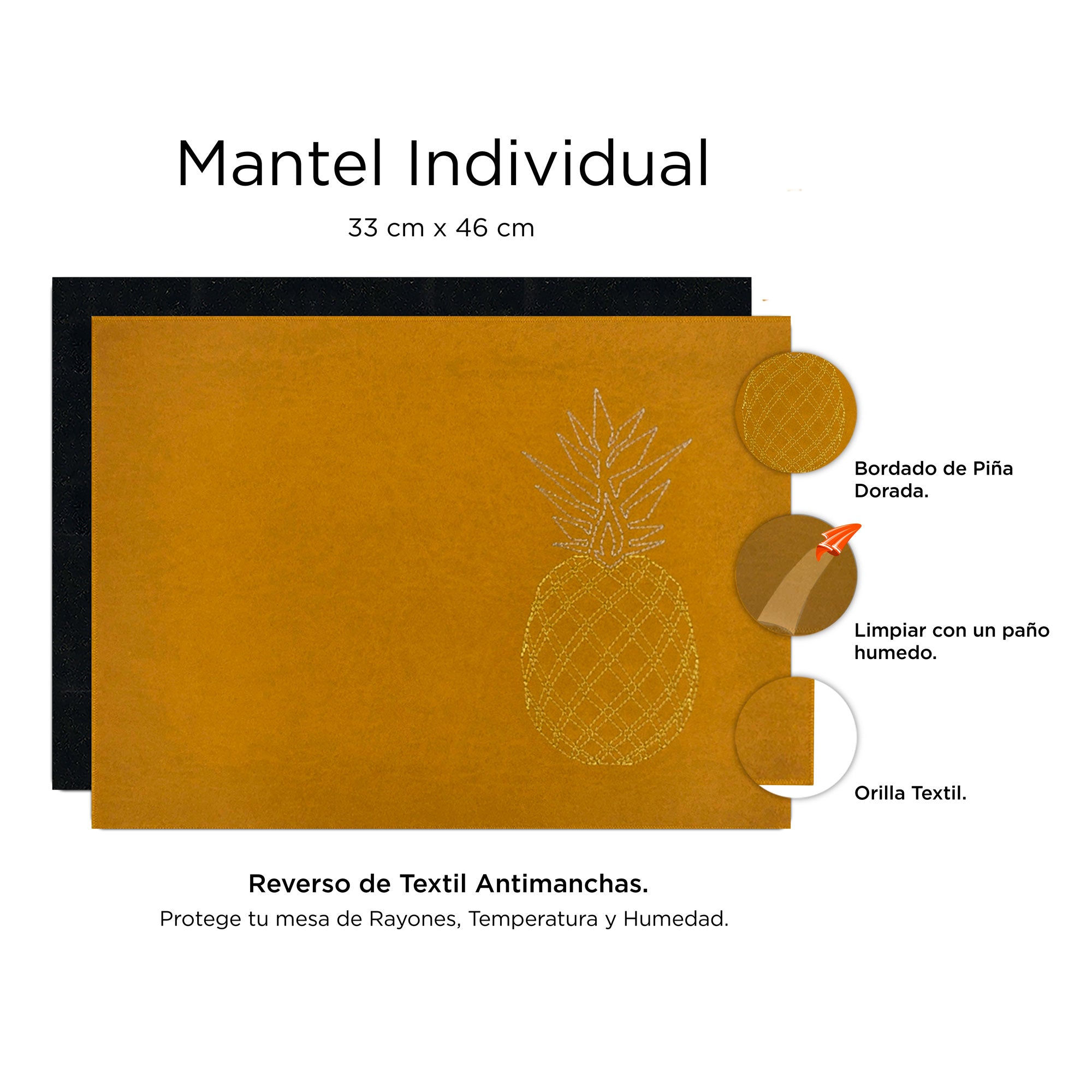 Detalles del mantel individual Piñas de XUMA DECO con medidas y características