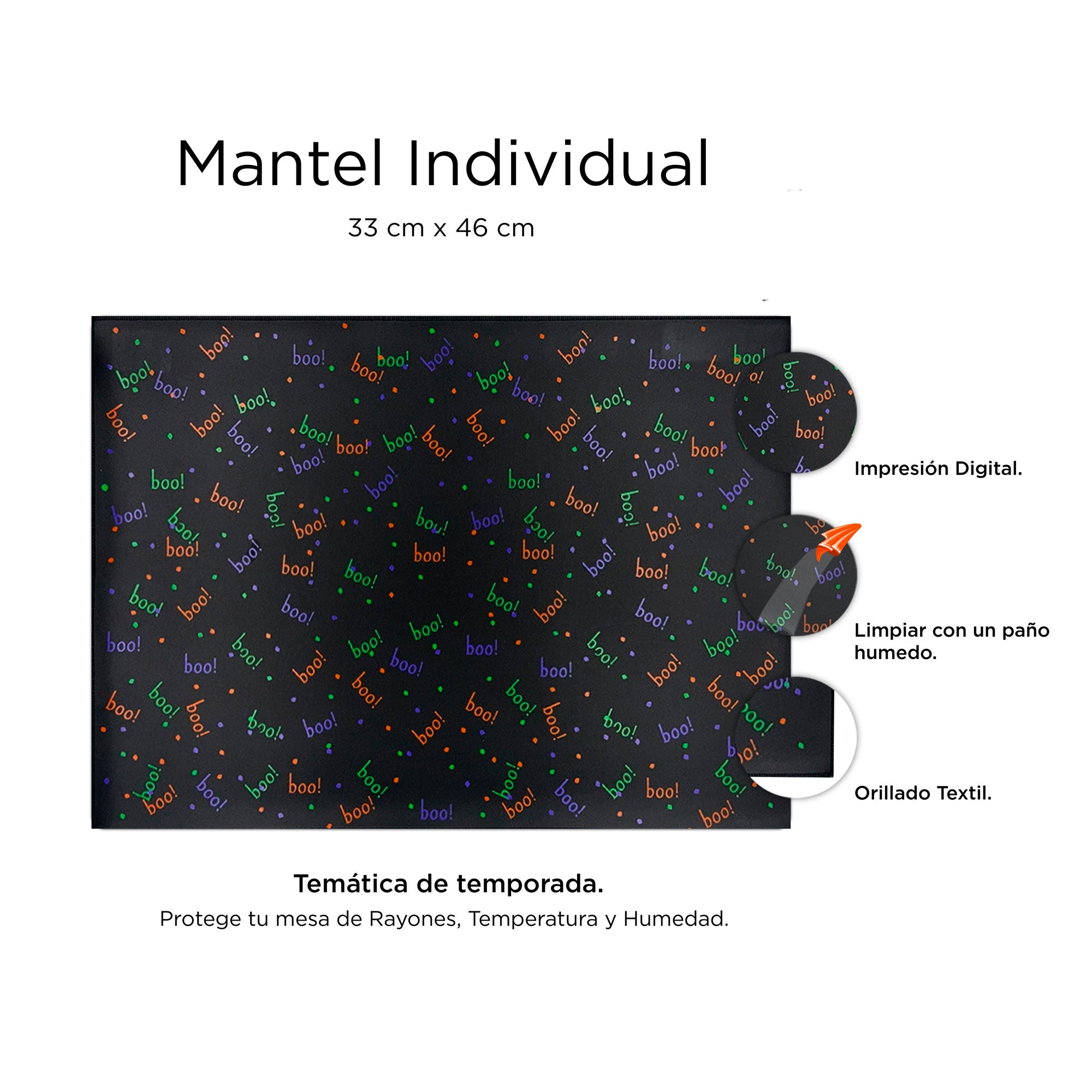 Detalles Mantel Individual Boo Negro XUMA DECO